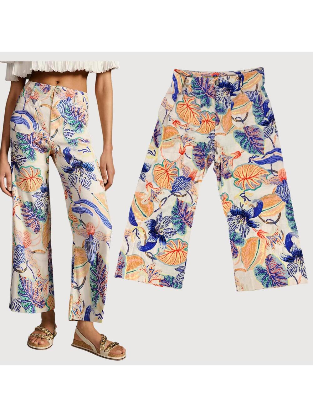 Maeve Collette Cream Floral Wide-Leg Capris with Blue & Orange Print